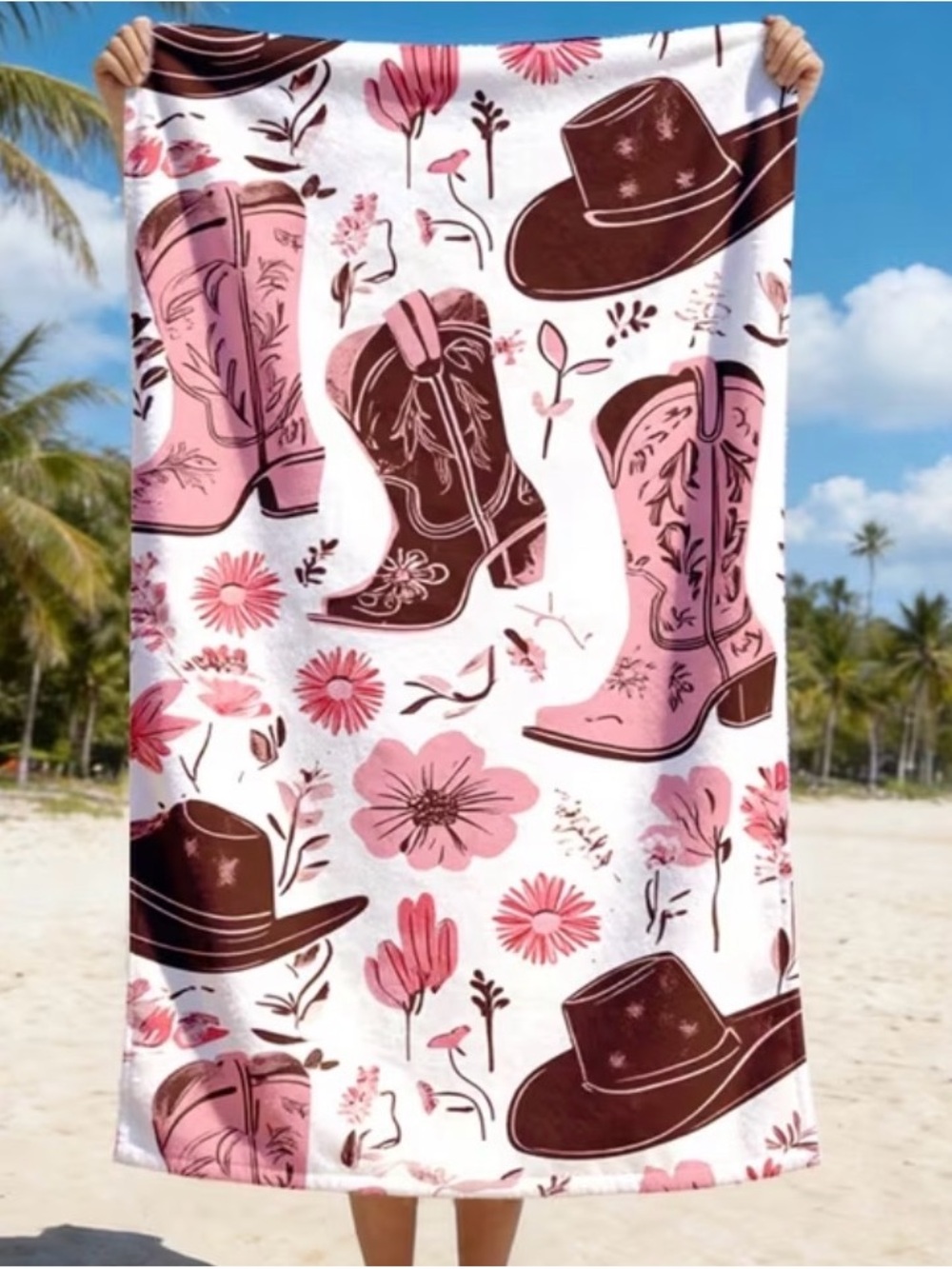 Cowgirl Boots & Hats Floral Beach Towel or Blanket - Pink & Brown Size  70 x 150